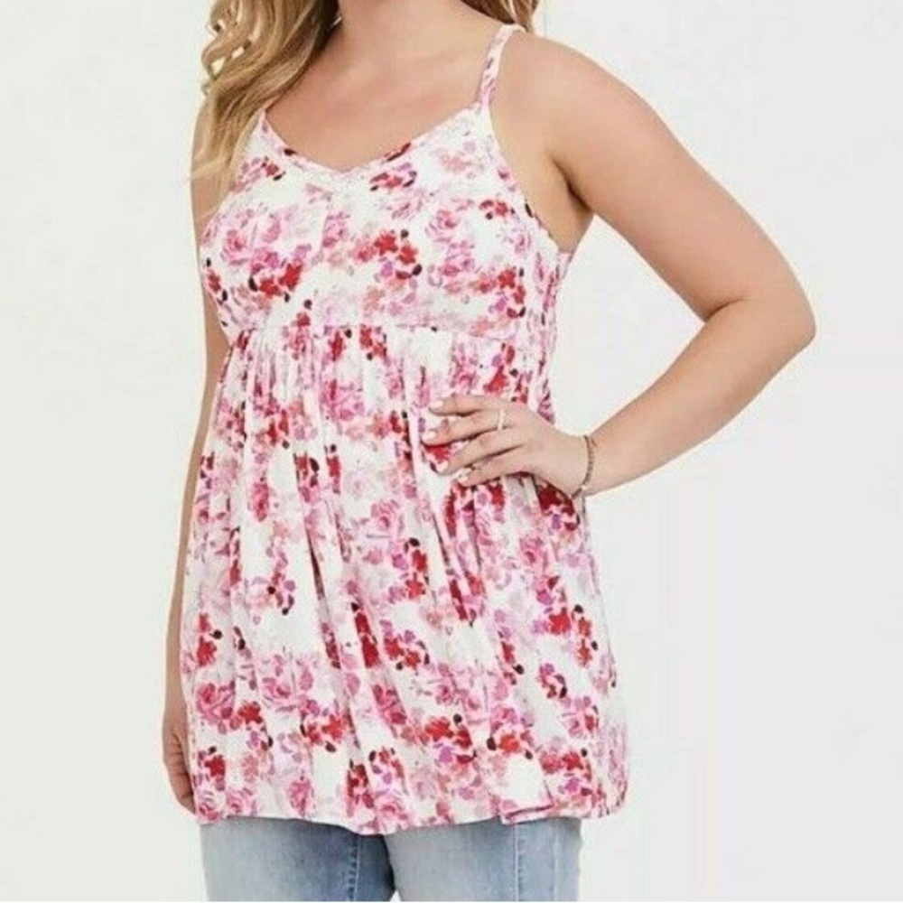 Torrid Babydoll Top Womens Size 1 1X Pink Floral Chalis Smocked Babydoll‎ Cami
